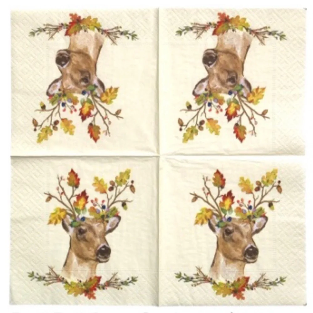 Ppd Two (2) INDIVIDUAL Autumn Deer Decoupage Cocktail Paper Napkins